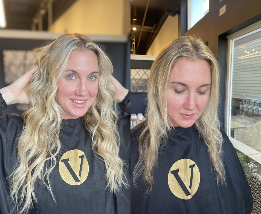 before and after of blonde woman with hair extensions in vancouver, washington